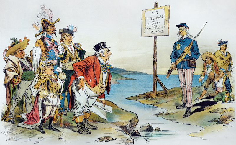 ‘Keep Off!’ American cartoon depicting the Monroe Doctrine, by F. Victor Gillam, 1896. Granger/Bridgeman Images.