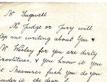 A letter used in the libel case against Annie Tugwell, 1909-13. MEPO 3/189, Criminal libel: "The Sutton Libel Case" (Mrs Annie Tugwell), 1909-1913.