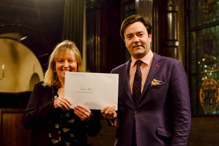 Sarah Helm, winner of the Book Prize, with Paul Lay