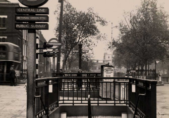 Stairwell entrance of Bethnal Green Underground station, by Colin Tait, 29 October 1953 © TfL from the London Transport Museum collection.