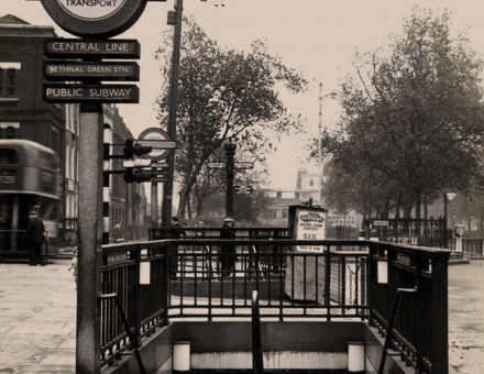 Stairwell entrance of Bethnal Green Underground station, by Colin Tait, 29 October 1953 © TfL from the London Transport Museum collection.