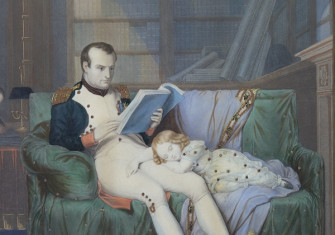 ‘Tinsel Picture’: Napoleon in his study reading, the young King of Rome asleep on his knee, c. 1860. Cooper Hewitt, Smithsonian Design Museum Collection. Public Domain.