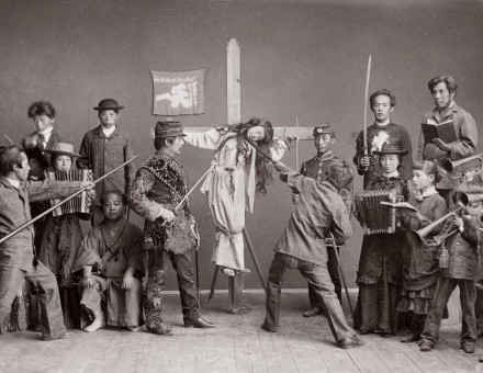 Japanese Christians re-enact the crucifixion of Jesus Christ, c.1880s. Chronicle/Alamy Stock Photo.