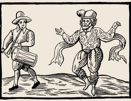 Elizabethan clown Will Kemp dancing a jig from London to Norwich, 1600.