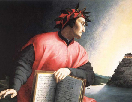 Dante Alighieri, holding a copy of The Divine Comedy, painting by Agnolo Bronzino, c.1530. Alamy.