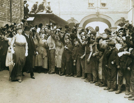 Queen Mary being cheered by a crowd of workers at William Doxford & Sons Ltd, Sunderland, 15 June 1917. Tyne & Wear Archives & Museums. Public Domain.