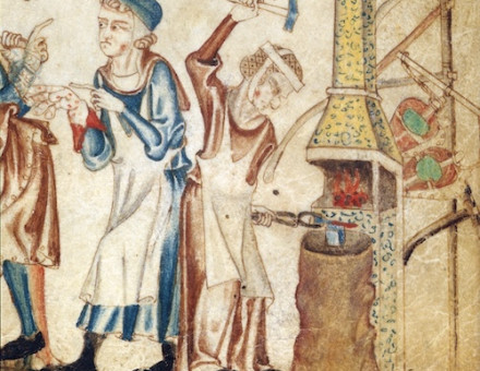 A woman working a nail on the anvil, from the Holkham Bible, England, c.1330. British Museum/Bridgeman Images.