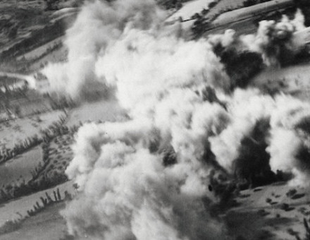 An attack by the Lorraine squadron on the Mûr-de-Bretagne transformer station near Guerlédan, Brittany, 26 August 1943. Mirrorpix.