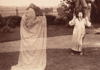 Amateurs playing a ghost scene by photographer W. S. Hobson, c. 1887. The J. Paul Getty Museum, Los Angeles. Public Domain.