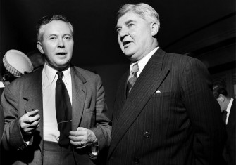 Aneurin Bevan (right) with the future prime minister Harold Wilson at the Labour party conference, September 1953.