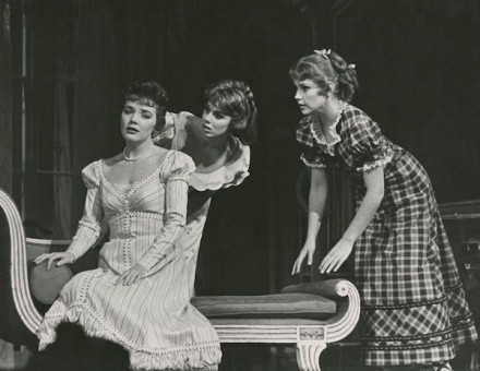 Polly Bergen (as Lizzie Bennet), Phyllis Newman (Jane Bennet) and Lauri Peters (Kitty Bennet) in the stage production of Pride and Prejudice, c. 1959. New York Public Library. Public Domain.