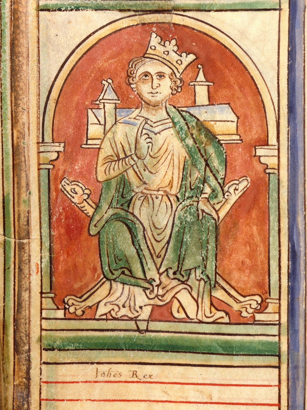 King John with his unsteady crown, from Matthew Paris’ Chronicle of England, c.1250. British Library/Bridgeman Images.