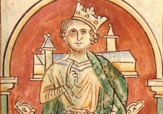 King John with his unsteady crown, from Matthew Paris’ Chronicle of England, c.1250. British Library/Bridgeman Images.