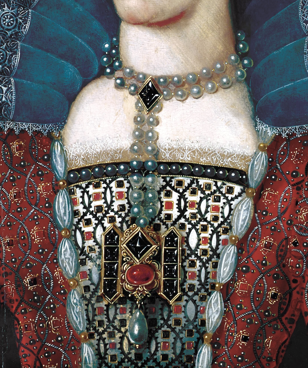 Detail from a portrait of Anne of Denmark wearing a jewel with a large diamond, possibly the ‘Great Harry’, unknown artist, c.1600. Government Art Collection.