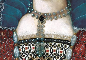 detail from a portrait of Anne of Denmark wearing a jewel with a large diamond, possibly the ‘Great Harry’, unknown artist, c.1600. Government Art Collection.