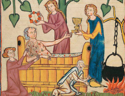 Jakob von Wart taking his bath, from the Codex Manesse, Switzerland, c.1305-40. The Protected Art Archive/Alamy Stock Photo