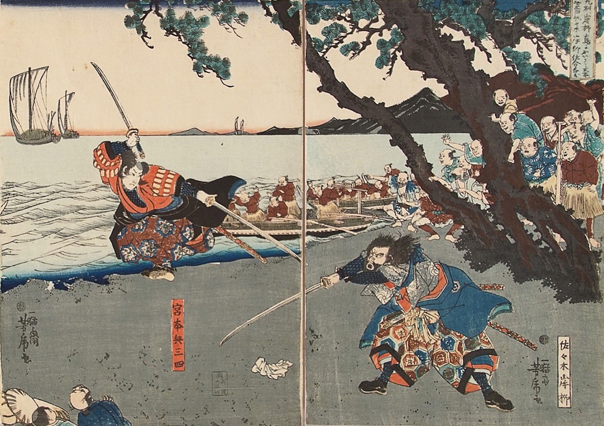 Miyamoto Musashi duelling Sasaki Kojiro, by Yoshitori Utagawa, 1843-47. Private Collection. Public Domain.