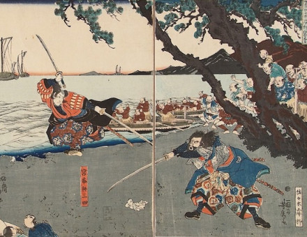 Miyamoto Musashi duelling Sasaki Kojiro, by Yoshitori Utagawa, 1843-47. Private Collection. Public Domain.