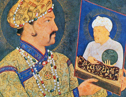 Mughal emperor Jahangir holding a portrait of his father, Akbar the Great, 17th century.