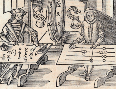 ‘Typus Arithmeticae’, showing Arithmetica, between Boethius writing Arabic numerals and Pythagorus using a counting board, from Margarita philosophica, by Gregor Reisch, 1503. Houghton Library, Harvard University.