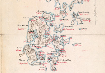 Map of Orkney, labelled in English (black) and Norwegian (red), c.1850. Najonalbibliotekets, Norway.