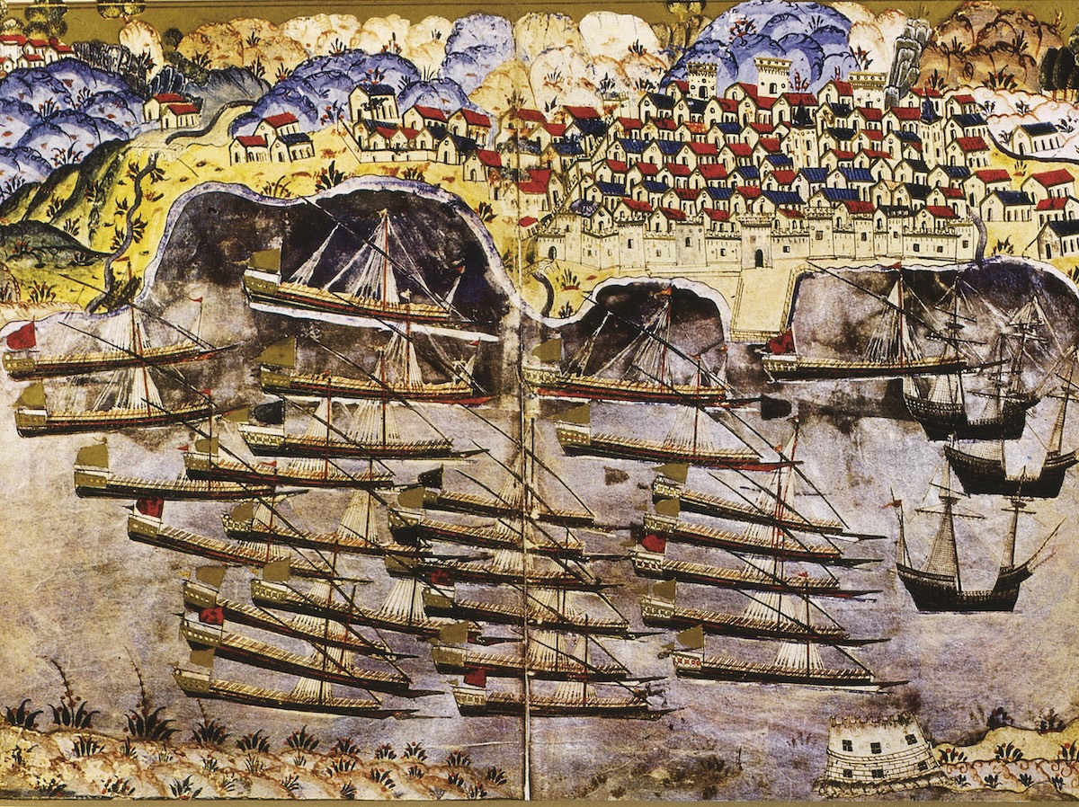 Barbarossa’s fleet wintering in Toulon harbour, 1543, by Matrakçı Nasuh, mid-16th century. Heritage Image Partnership Ltd/Alamy Stock Photo.