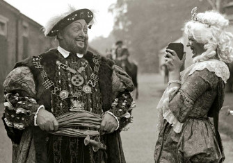 Henry VIII having his photo taken at Esher Pageant, Sandown Racecourse, 1932.