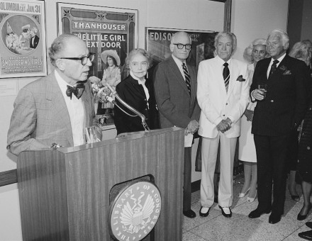 Daniel J. Boorstin, Librarian of Congress, speaking outside the Mary Pickford Theater, James Madison Building, Library of Congress during the opening ceremony, 1983