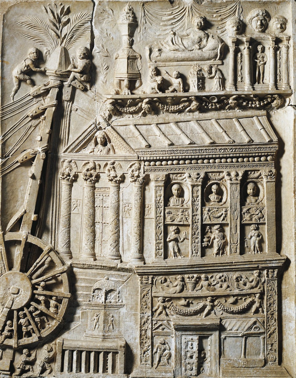 Relief showing the construction of a building using a crane, from the tomb of the Haterii, Rome, first century AD. Universal Art Archive/Alamy Stock Photo.