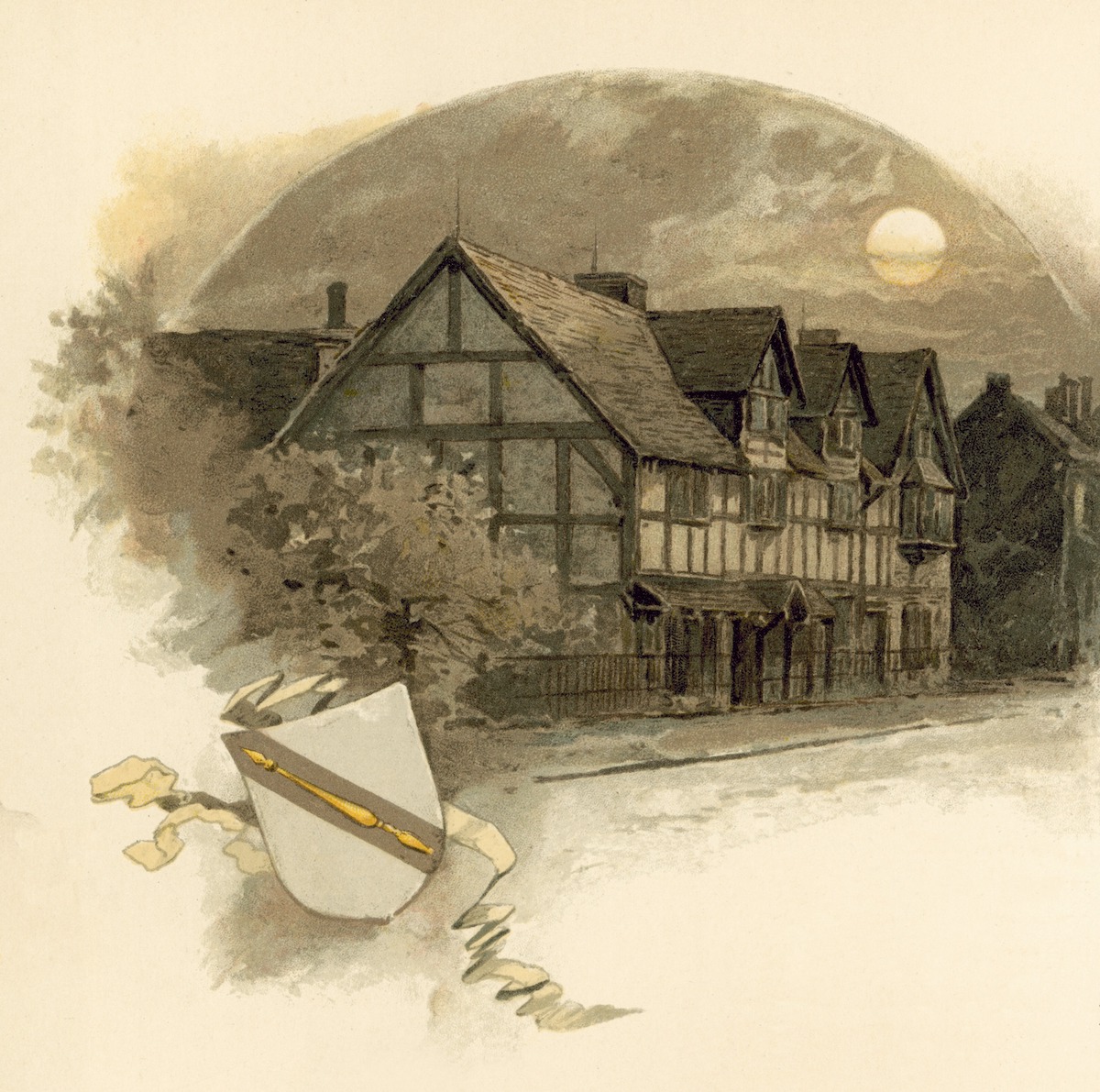 William Shakespeare’s birthplace on Henley Street, Stratford-upon-Avon, from Shakespeare and his Birthplace, by Emma Marshall, 1890. Look and Learn/Bridgeman Images.