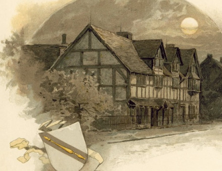 William Shakespeare’s birthplace on Henley Street, Stratford-upon-Avon, from Shakespeare and his Birthplace, by Emma Marshall, 1890. Look and Learn/Bridgeman Images.