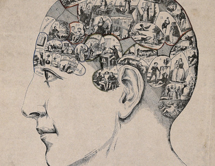 ‘Symbolical head’ containing images symbolising the phrenological faculties, c.1845. Wellcome Collection. Public Domain.