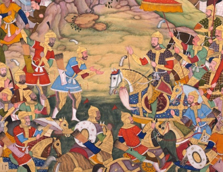 The defeat of the caliph of Baghdad, the religious head of Sunni Islam, by the Mongols, Rashid al-Din, c. 1596. Cleveland Museum of Art. Public Domain.