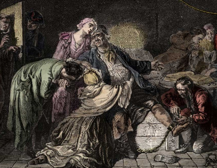 Jean Calas with his family ahead of his execution, French coloured engraving, 18th century.