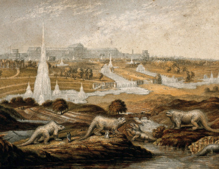 A view of Crystal Palace with the dinosaurs in the foreground, process print by G. Baxter, c. 1864. Wellcome Collection. Public Domain.