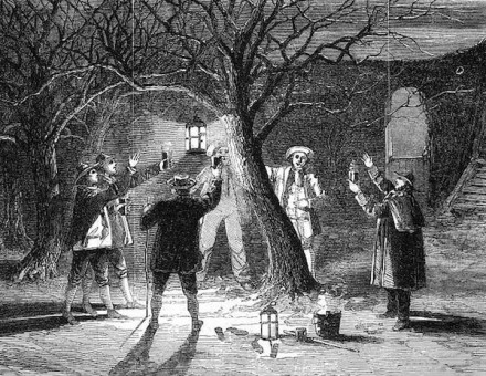 Wassailing apple trees with hot cider on Twelfth Eve, 1861. Chronicle/Alamy Stock Photo.